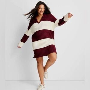 Long Sleeve Rugby Mini Sweater Dress Burgundy Cream nwt- Future Collective